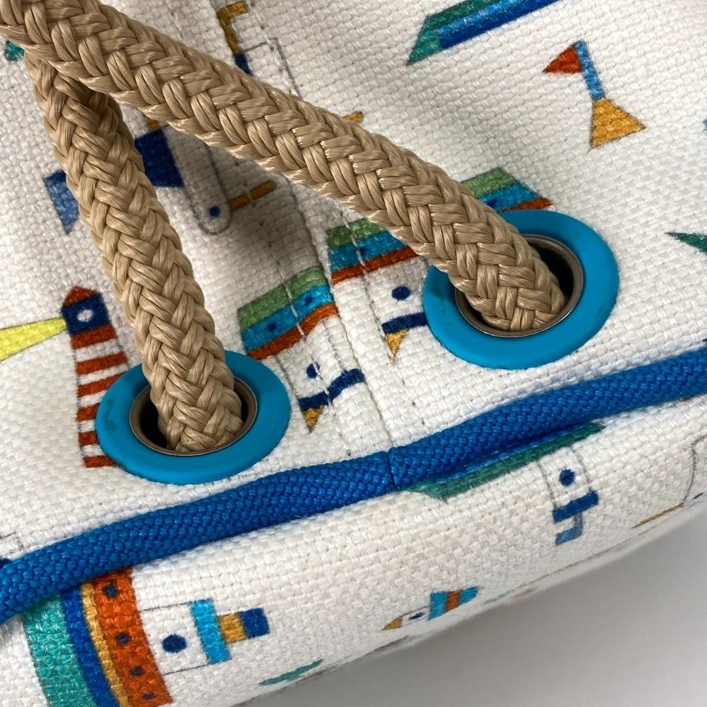 HERMES Marine Print Petit Chartier Drawstring Bag, Cotton Shoulder Kids, White - Picture 8 of 10